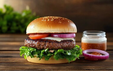 Delicious burger with fresh vegetables and sauce served on a wooden table in a casual setting
