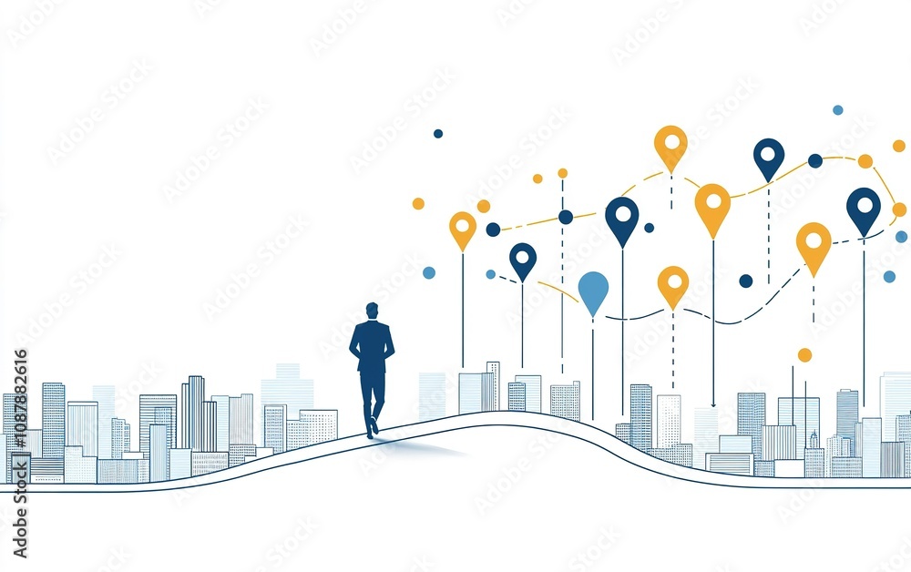 Poster a person walking on a path with city skyline in the background while interacting with colorful locat