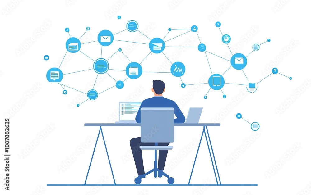 Poster a man sits at a desk working on a computer while interacting with digital communication icons and da
