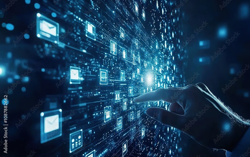 Poster a person interacting with a digital display filled with data and communication icons in a futuristic