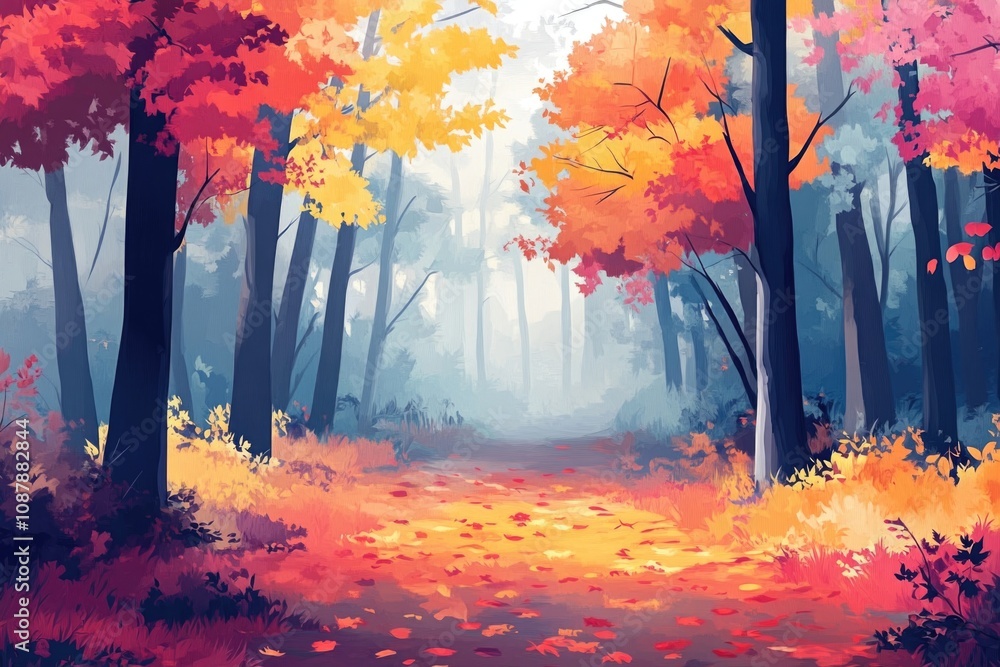 Poster A winding path through dense forest with greenery and trees