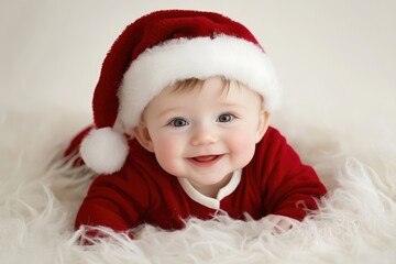 This cheerful child in festive red and a Santa hat beams against a soft backdrop, capturing the joyful spirit of the holidays, perfect for seasonal cards and promotions