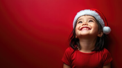 Fototapeta premium A cute toddler girl gazes upwards with a wide, happy smile. She's wearing a red Santa hat and a matching red shirt. The background is a solid, bright red