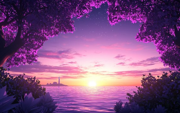 Beautiful sunset over the ocean with a lighthouse in the distance framed by vibrant purple trees during twilight hours