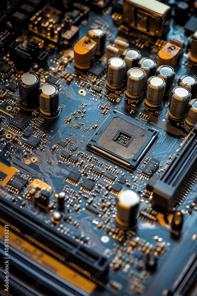 Fototapete a high-quality image of a computer motherboard from a close angle, showing the details of its compon