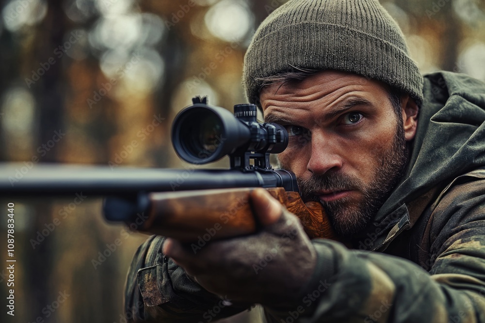 Poster a man with a long beard is aiming a rifle, possibly for hunting or target practice