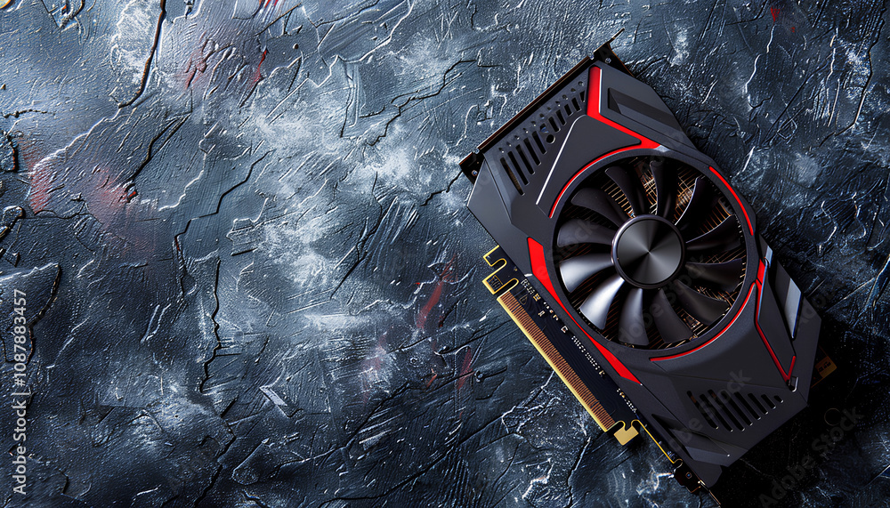 Poster computer graphics card on gray textured background, space for text