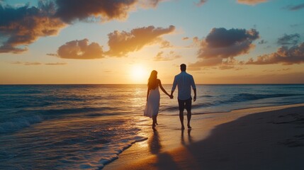 Fototapeta premium Romantic Sunset Stroll: Couple Holding Hands on a Tropical Beach at Golden Hour