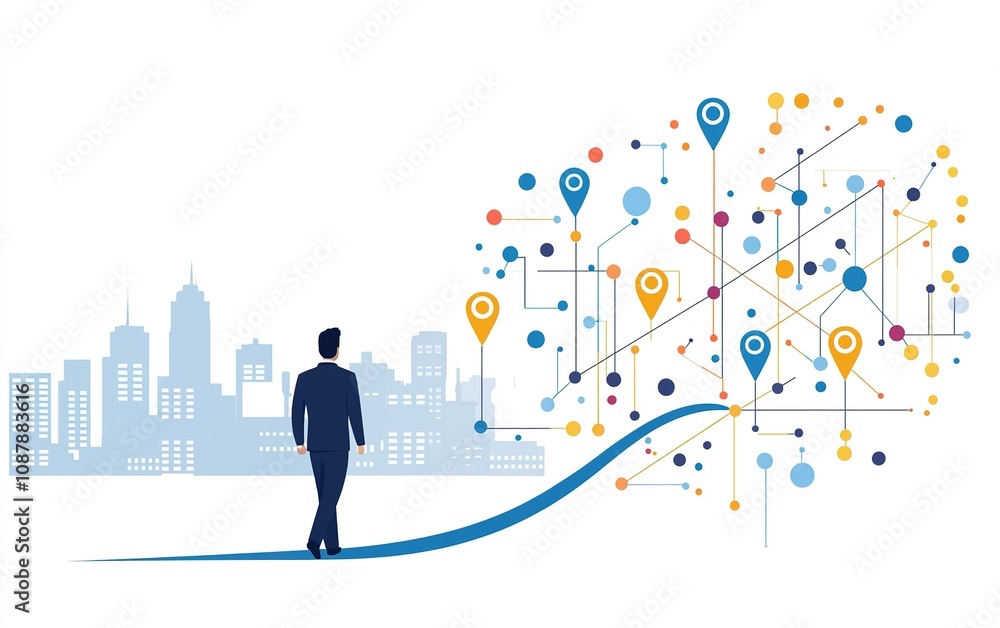 Poster a businessman walking towards a digital cityscape filled with location pins and connection lines rep