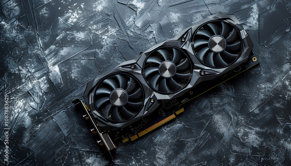 Fototapete computer graphics card on gray textured background, space for text