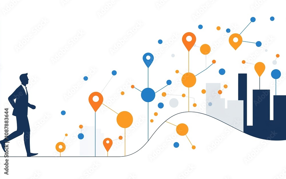 Aufkleber businessman walking towards a city skyline with colorful data points and technology elements in a di