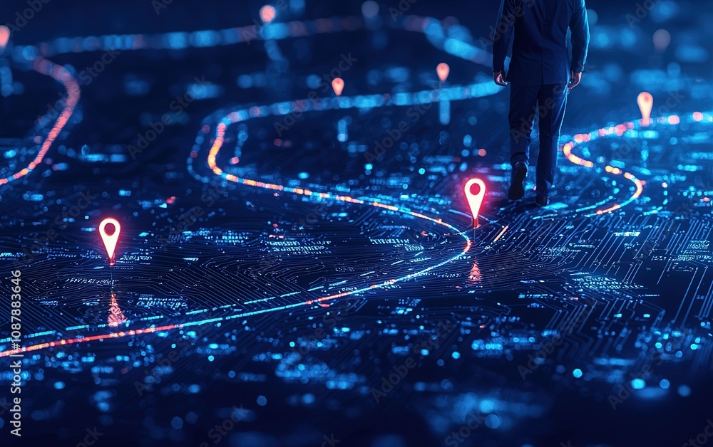 Poster exploring a futuristic digital city map with glowing paths and location markers in a high-tech envir