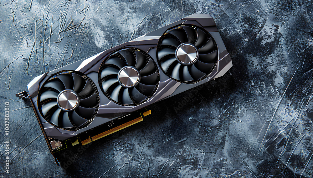 Fototapete computer graphics card on gray textured background, space for text
