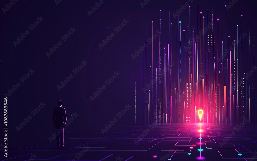 Aufkleber a person standing in a digital landscape illuminated by colorful light patterns and data streams at 