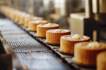 Freshly baked cakes on a moving conveyor belt