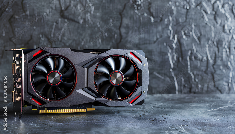 Fototapete computer graphics card on gray textured background, space for text