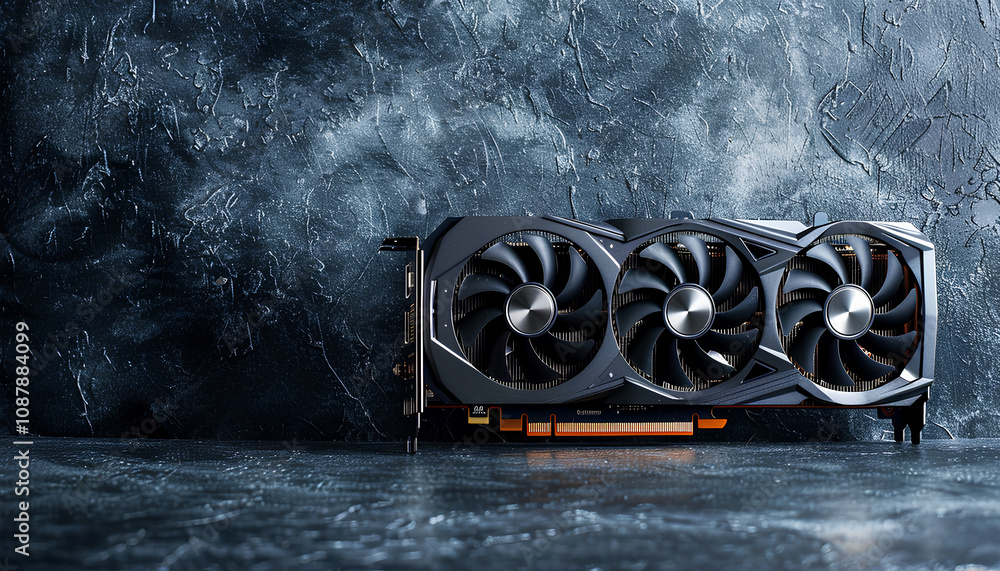 Poster computer graphics card on gray textured background, space for text