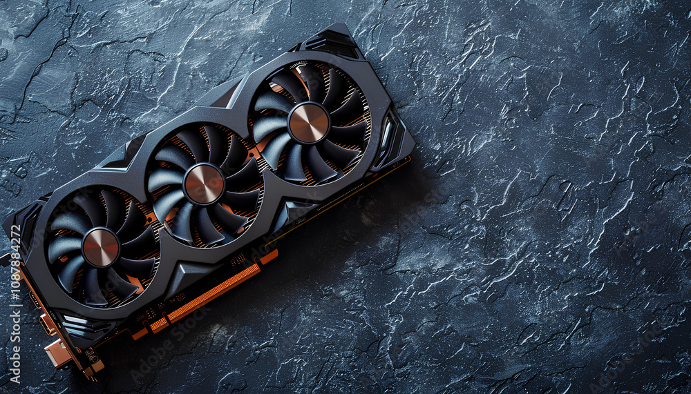Poster computer graphics card on gray textured background, space for text
