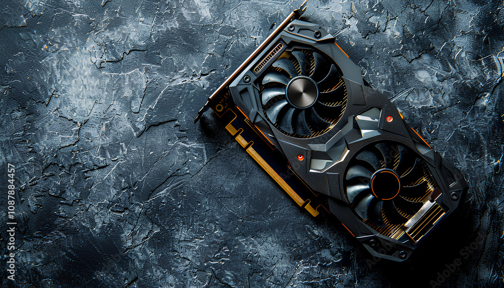 Fototapete computer graphics card on gray textured background, space for text