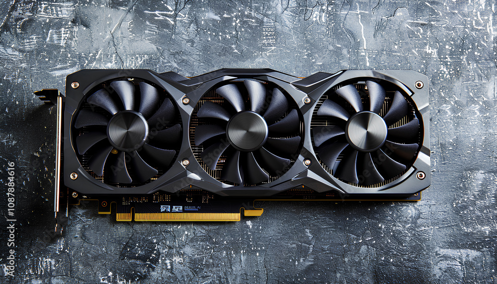 Fototapete computer graphics card on gray textured background, space for text
