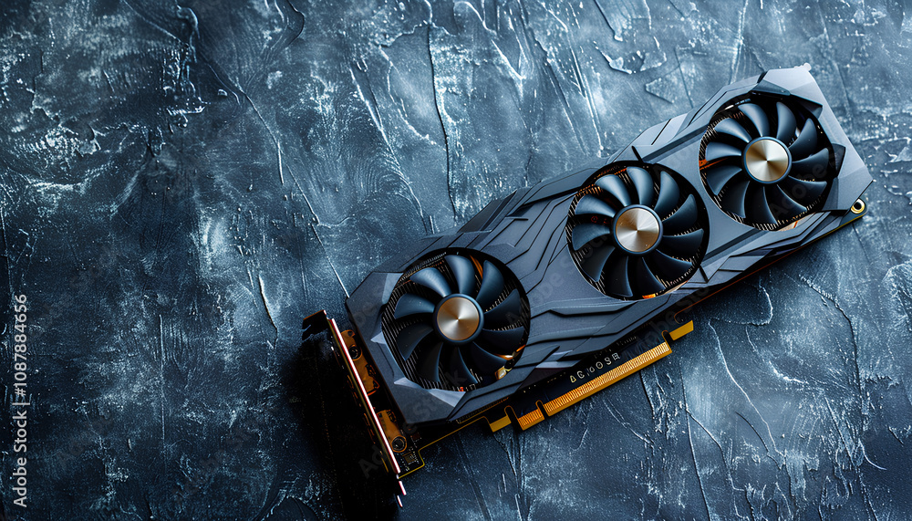 Poster computer graphics card on gray textured background, space for text