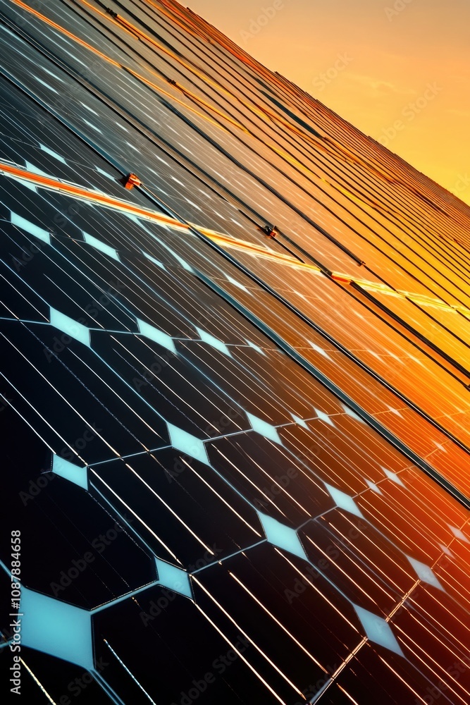 Aufkleber a solar panel with the sun setting in the background, ideal for use in environmental or technology-r