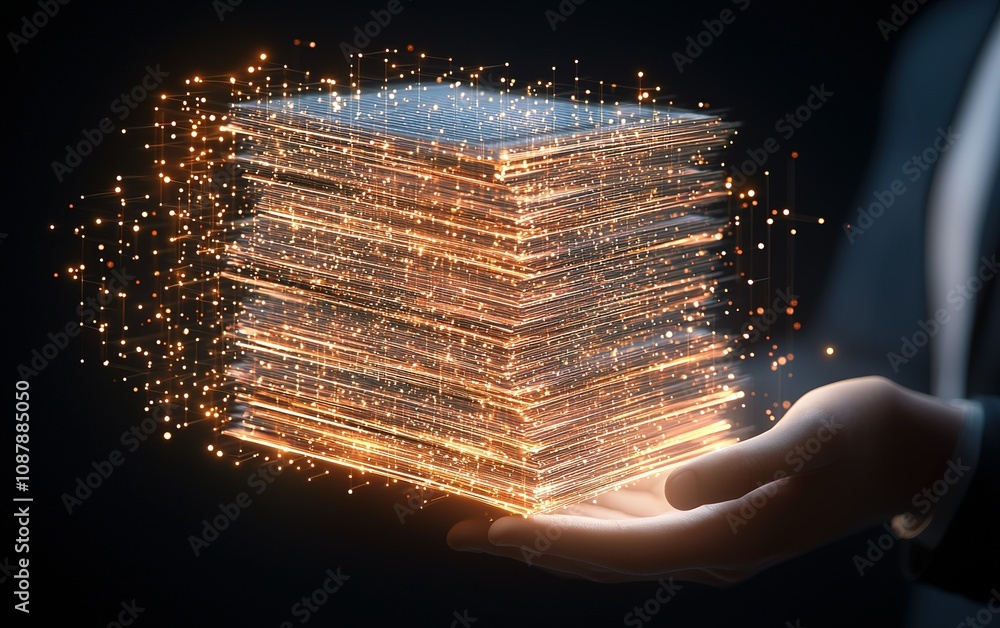 Poster digital transformation concept showing a hand holding a glowing stack of virtual data in a dark envi
