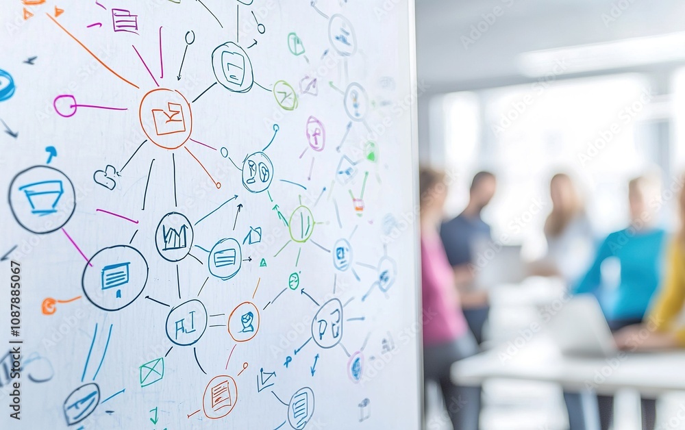 Poster collaboration in a modern workspace with colorful mind map on whiteboard during a team brainstorming