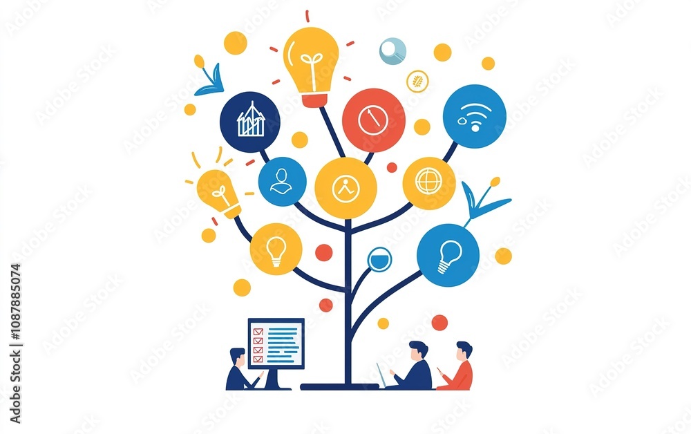 Poster creative teamwork and idea generation represented through a colorful tree with light bulbs and symbo