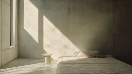 Minimalist bedroom design with natural light highlighting textured walls in a calm atmosphere