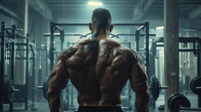 Bodybuilder man with a Muscular Back in a Gym. Intense Scene Highlighting Strength, Determination, and Sweat During a Workout. Image Made Using Generative AI