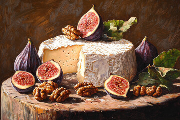 Fototapeta premium classic still life oil painting of creamy cheese with figs and walnuts on dark wood