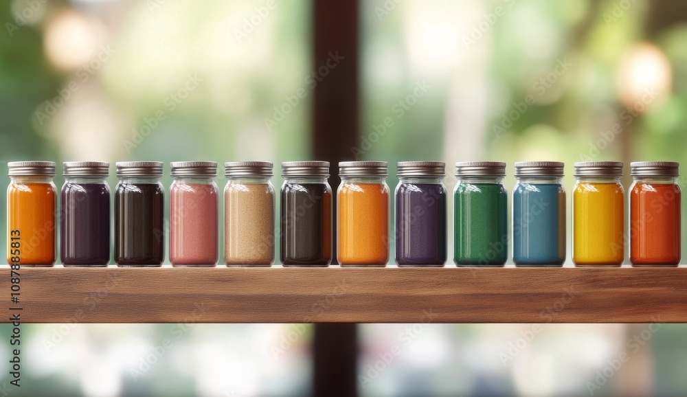 Poster a row of colorful jars filled with paint displayed on a wooden shelf in a bright studio