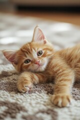A small orange kitten is curled up on the edge of a bed, perfect for adding to your lifestyle or pet-themed project