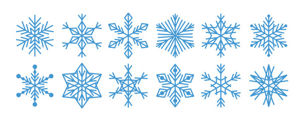 Snowflakes set. Various snowflakes shapes collection. Flat vector illustrations isolated on white background
