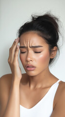 Fototapeta premium Woman experiencing severe headache in a vertical portrait