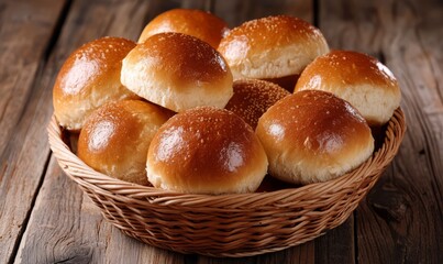 Close-up of a basket full of golden-brown bread buns on a wooden table, perfect for a bakery or home-cooked meal setting