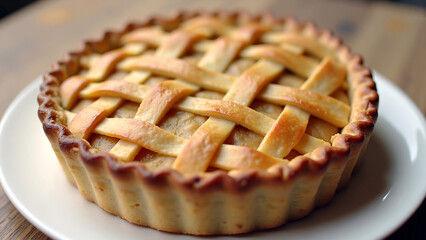 Delicious apple pie cake on a white dish. Closeup shot featuring a crossed pattern cover, on a wooden table with selective focus