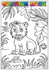 Obraz premium Adorable lion cub in jungle setting, a fun coloring activity for children with nature theme