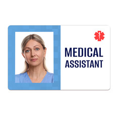 Medical assistant badge with photo of woman on white background