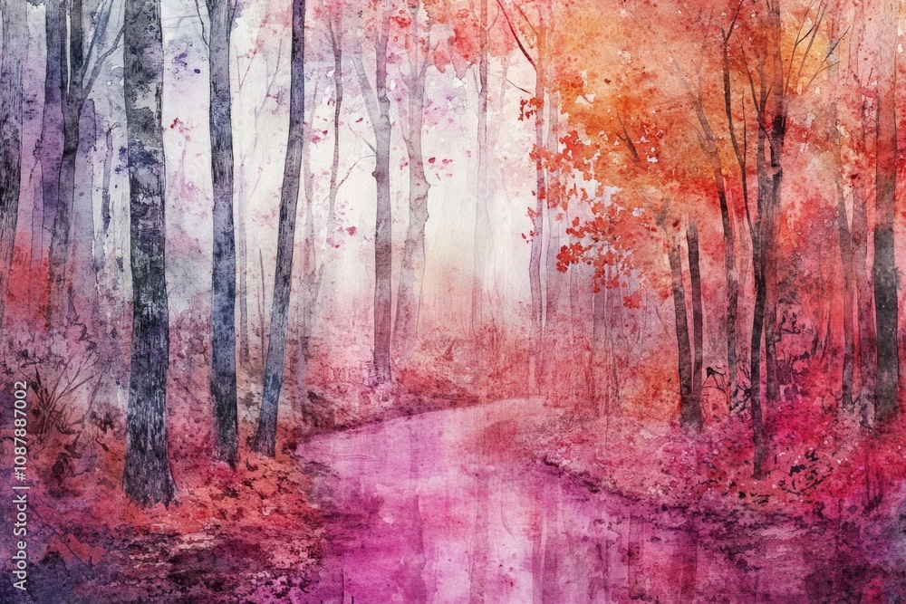 Poster a serene woodland path surrounded by trees and foliage