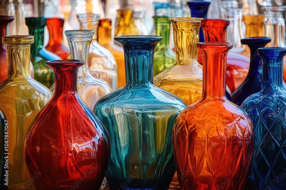 Poster a collection of vibrant glass bottles arranged on a flat surface, ideal for use in designs related t
