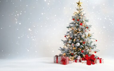 christmass tree with decorations toys and lights on white background 