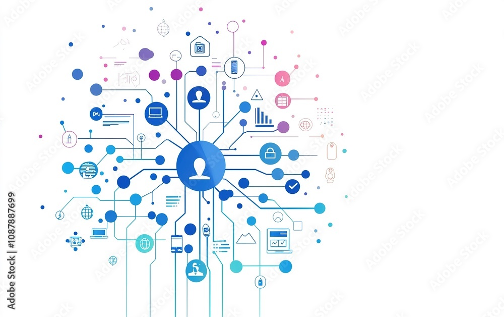 Poster network of digital icons representing technology, communication, and data management in a modern des