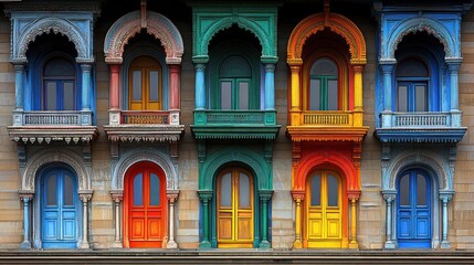 Colorful architectural facade with vibrant doors.