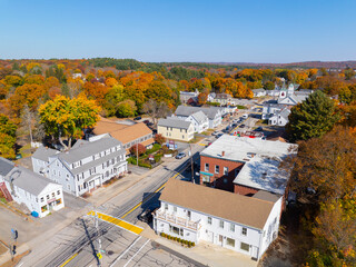 East Douglas historic village center aerial view on Main Street in fall with fall foliage in town...