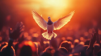 Dove flying above crowd symbol of peace hope and faith spiritual gathering