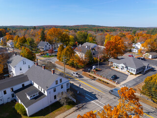 East Douglas historic village center aerial view on Main Street in fall with fall foliage in town...