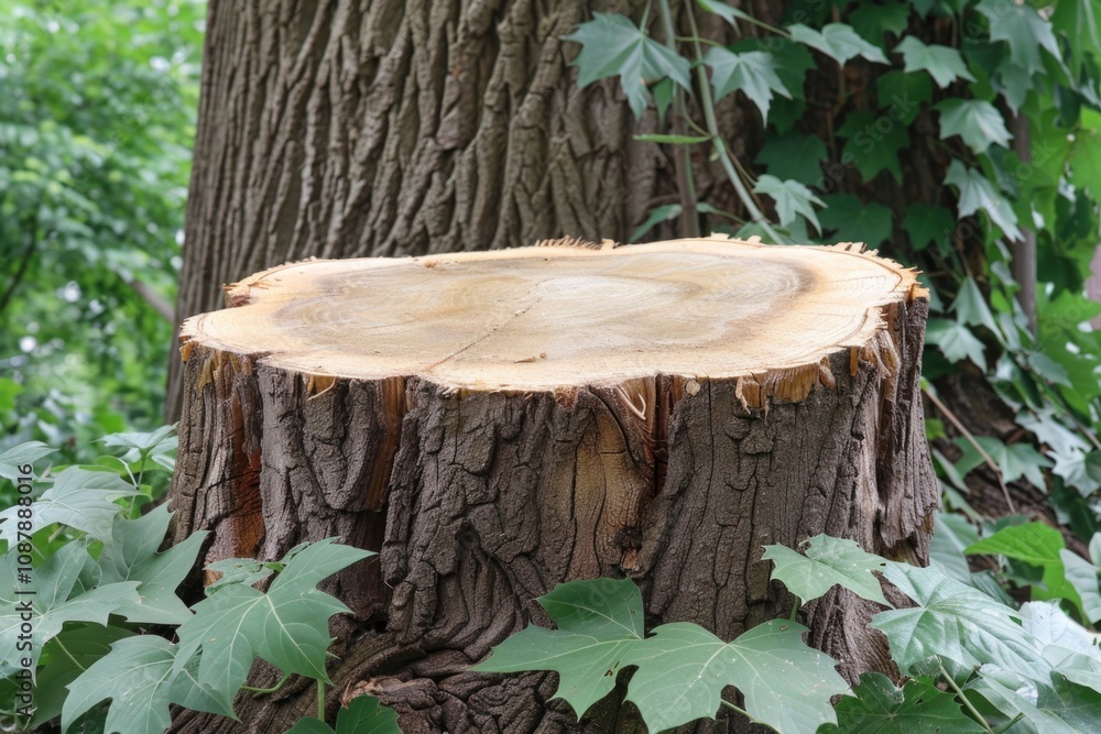 Poster a detailed view of a tree trunk's remains in a wooded area, suitable for use in nature-related conte