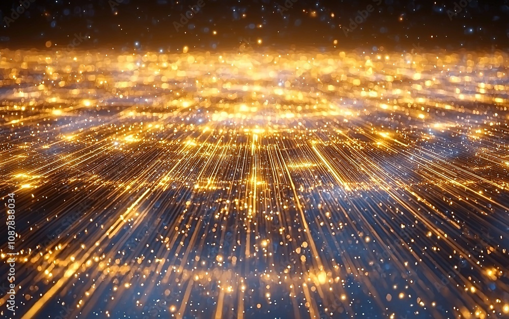 Poster brilliant golden lights radiate in a mesmerizing display of sparkling patterns across a dark backgro